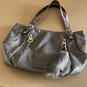 Nine West shoulder bag, grey, two zipper pockets,silver toned hardware, keychain